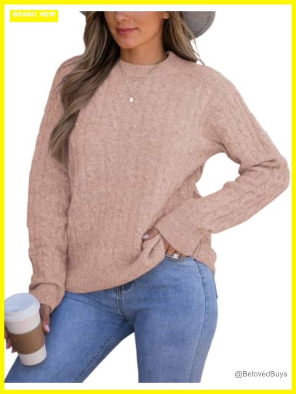 Mockneck Cable Knit Long Sleeve Sweater Pullover Ribbed Cuffs